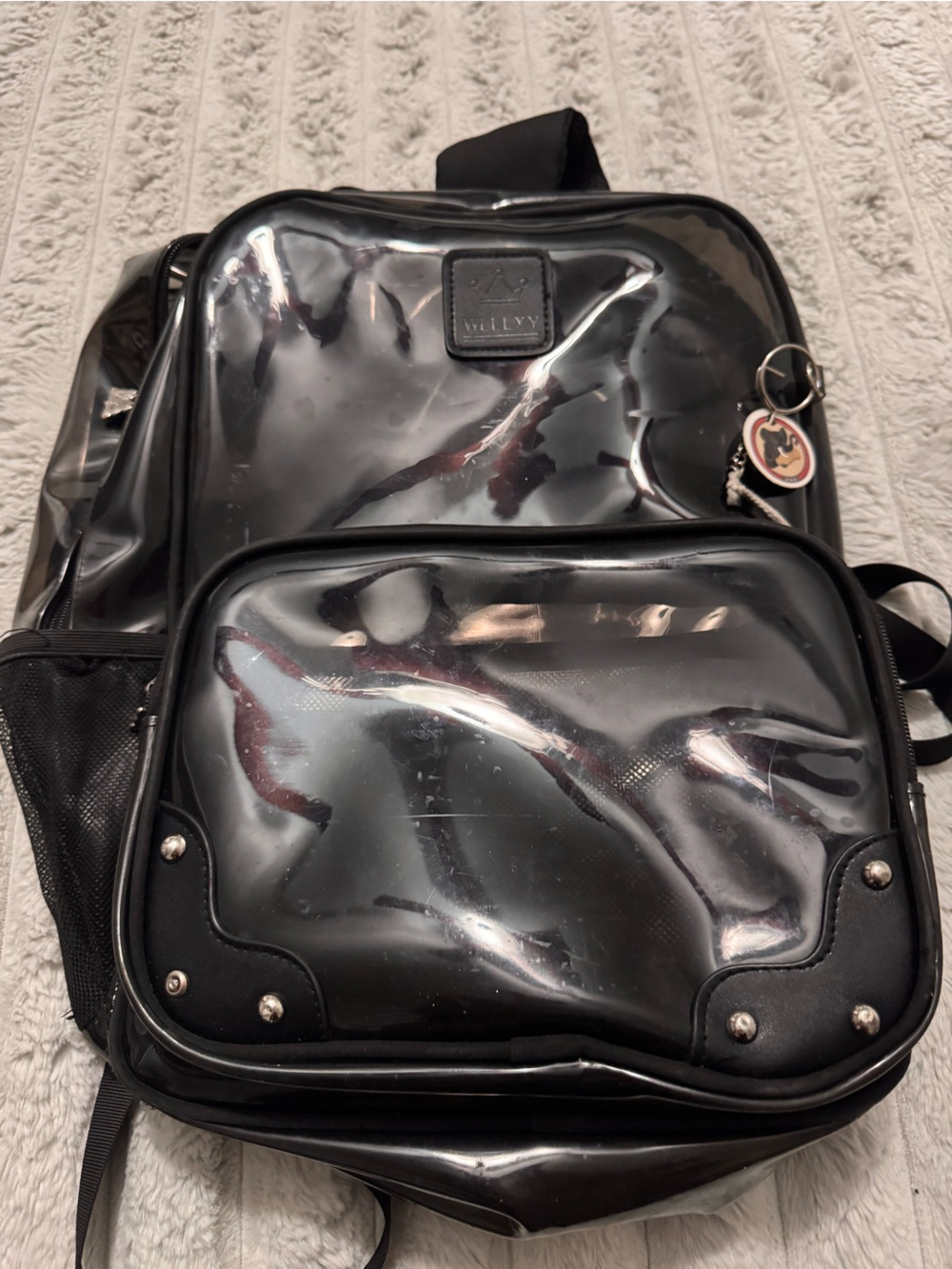 WLLLLY Black Patent Backpack with Clear Front Pocket